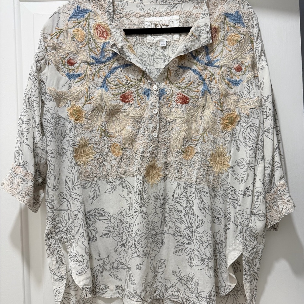 Johnny Was Cream and Red Embroidered Top